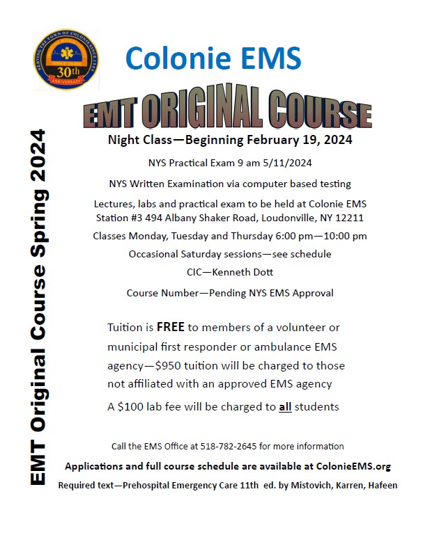 *CLASS FULL* 2024 Spring EMT Original Course COLONIE EMS
