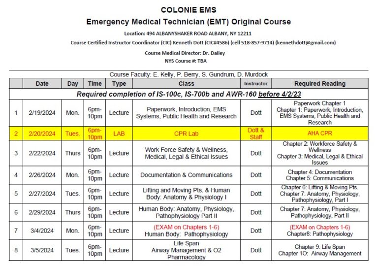 *CLASS FULL* 2024 Spring EMT Original Course COLONIE EMS