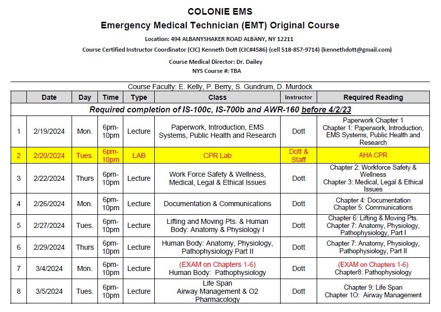 *CLASS FULL* 2024 Spring EMT Original Course COLONIE EMS