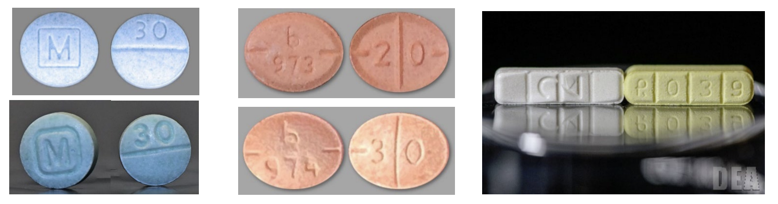 comparison of street pressed pills (counterfeit) vs pharmacy produced pills that look nearly identical or in some cases more authentic but can contain a lethal dose of chemicals